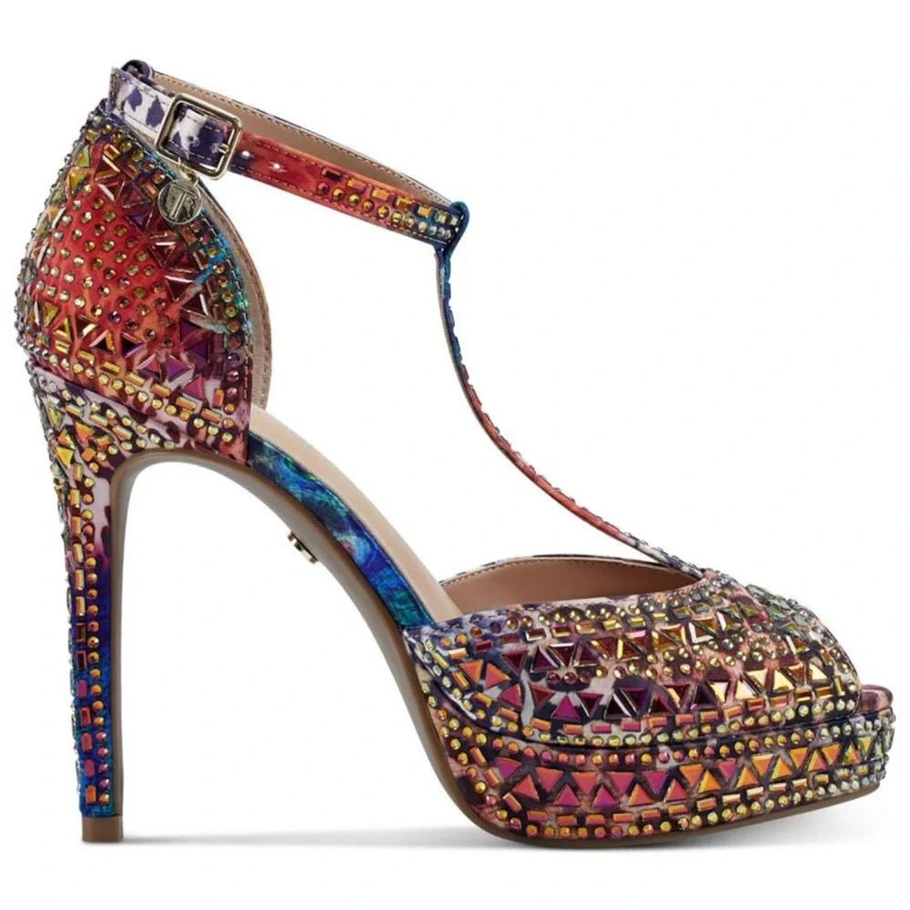 Thalia Sodi Chace Embellished T-Strap Heels Exotic Leopard Multicolor Sz 5